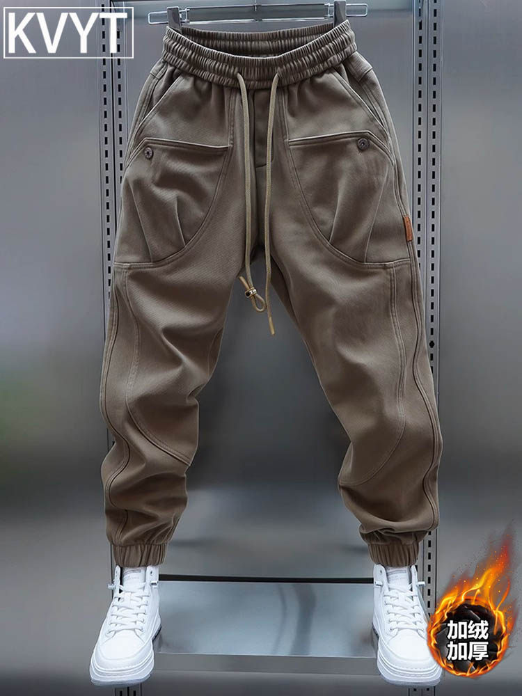 大口袋加绒工装裤男士冬季潮牌弹力小脚裤子男款百搭束脚哈伦裤