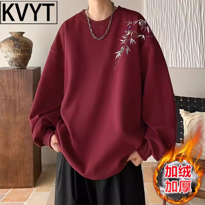 高端男士新中式卫衣2026年冬季新款男装潮牌国风加绒加厚圆领外套