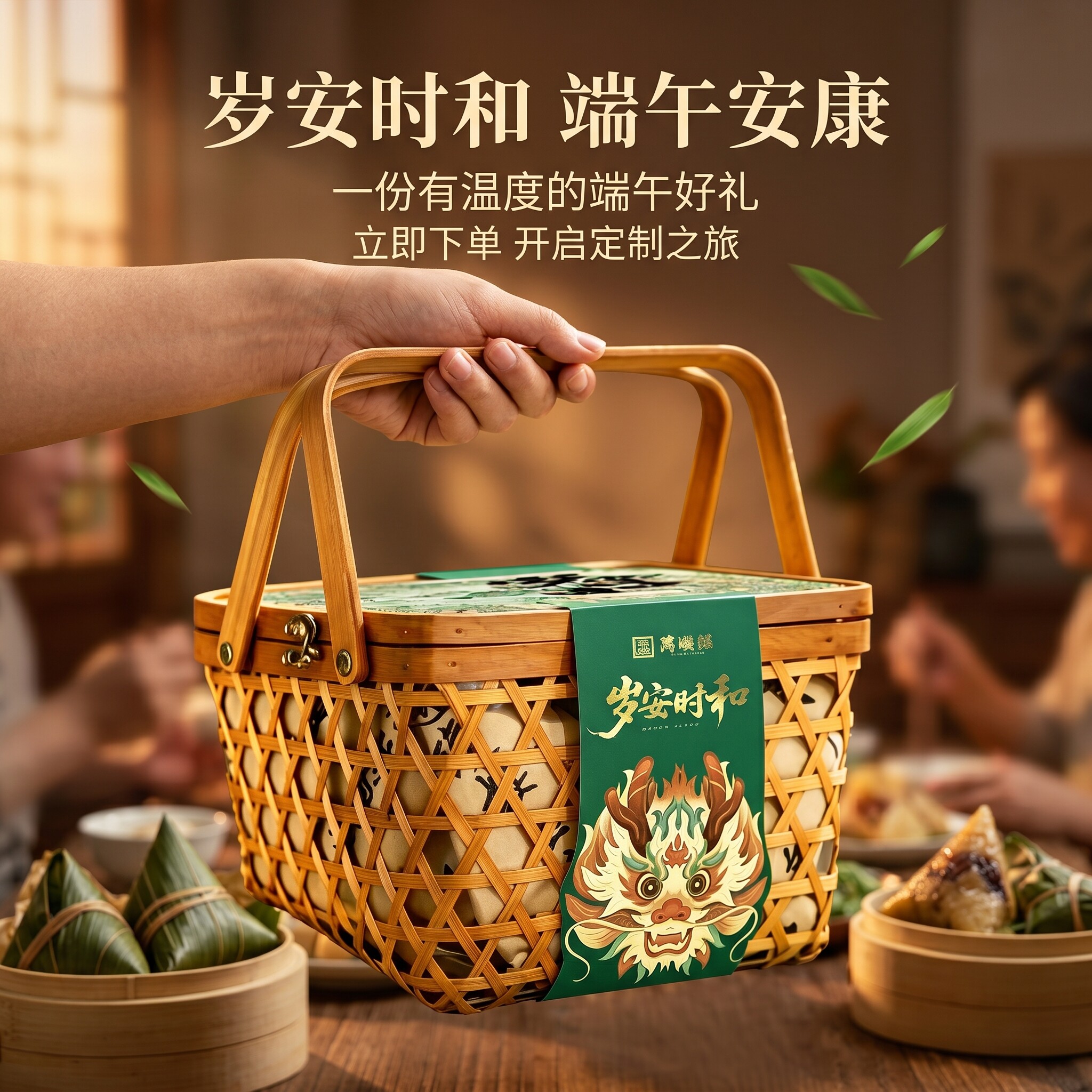岁安时和国潮粽子礼盒手提竹篮乌米甜咸粽端午节送礼高端大气礼品