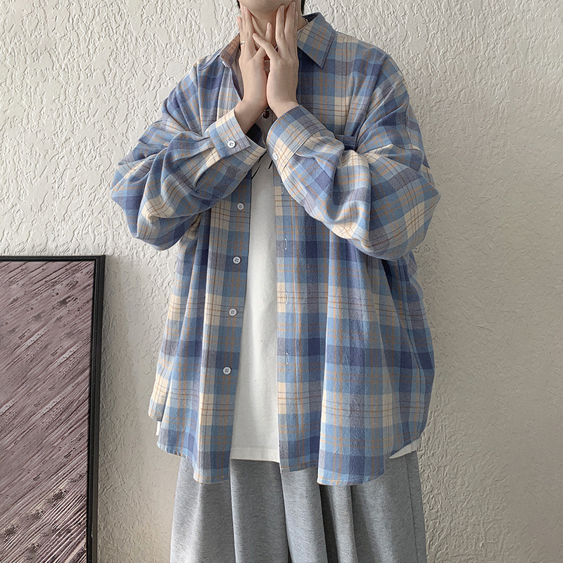 品牌专柜休闲格子衬衫男学生夏季薄款长袖衬衣冰丝宽松防晒外套潮