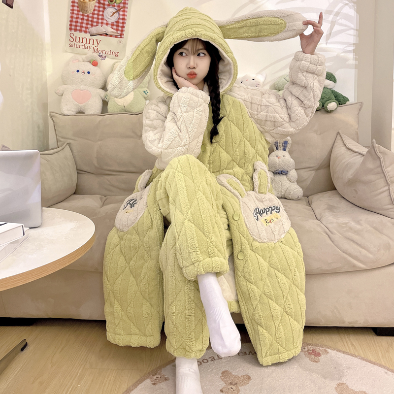 长款夹棉睡衣女冬款加绒加厚