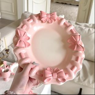 重工浮雕陶瓷餐盘ins轻奢甜品盘女生礼物漂亮盘子 蝴蝶结餐具法式