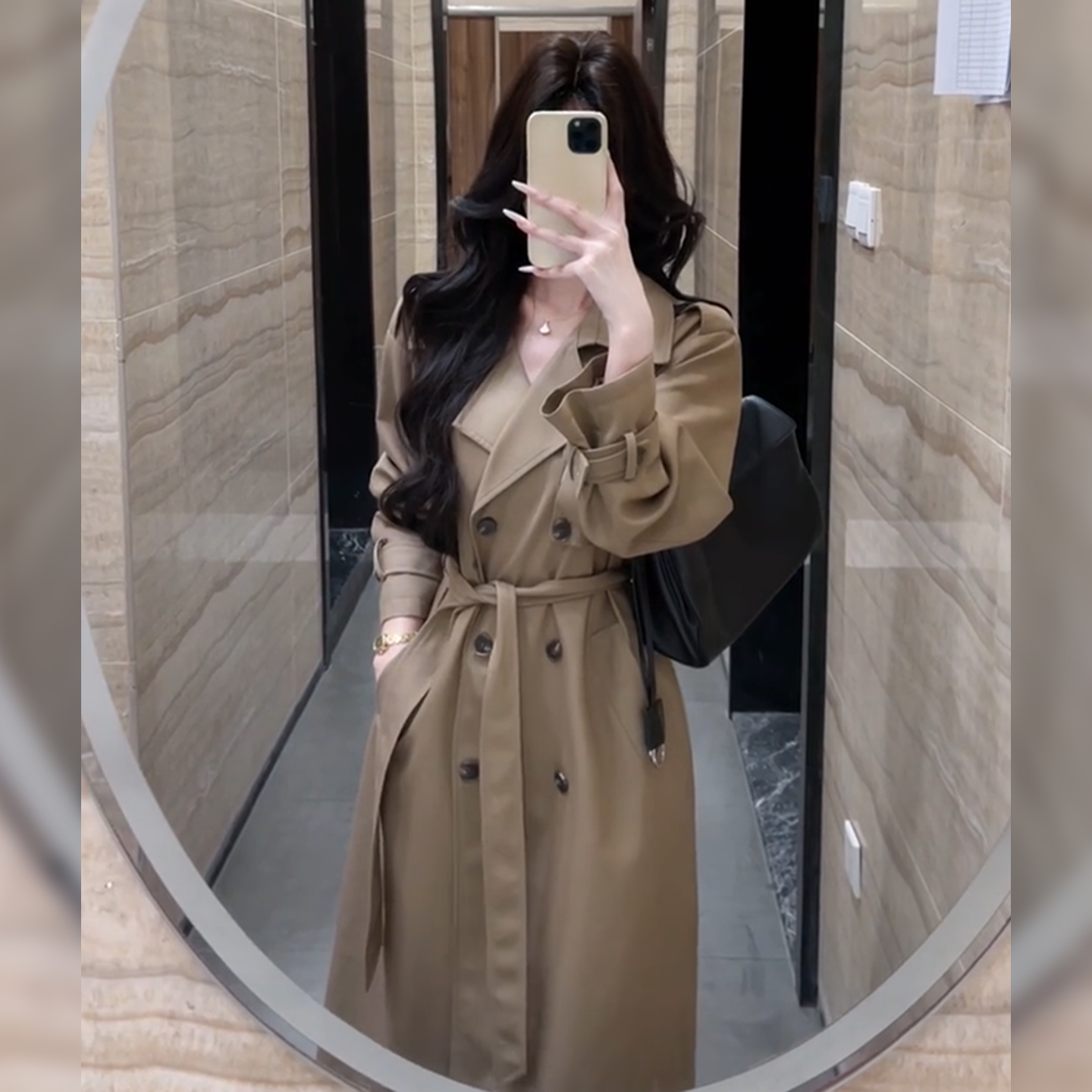 韩版英伦加长版卡其色风衣外套女