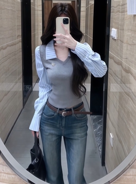 灰色条纹假两件拼接长袖衬衫女2025秋冬季新款设计感修身显瘦上衣