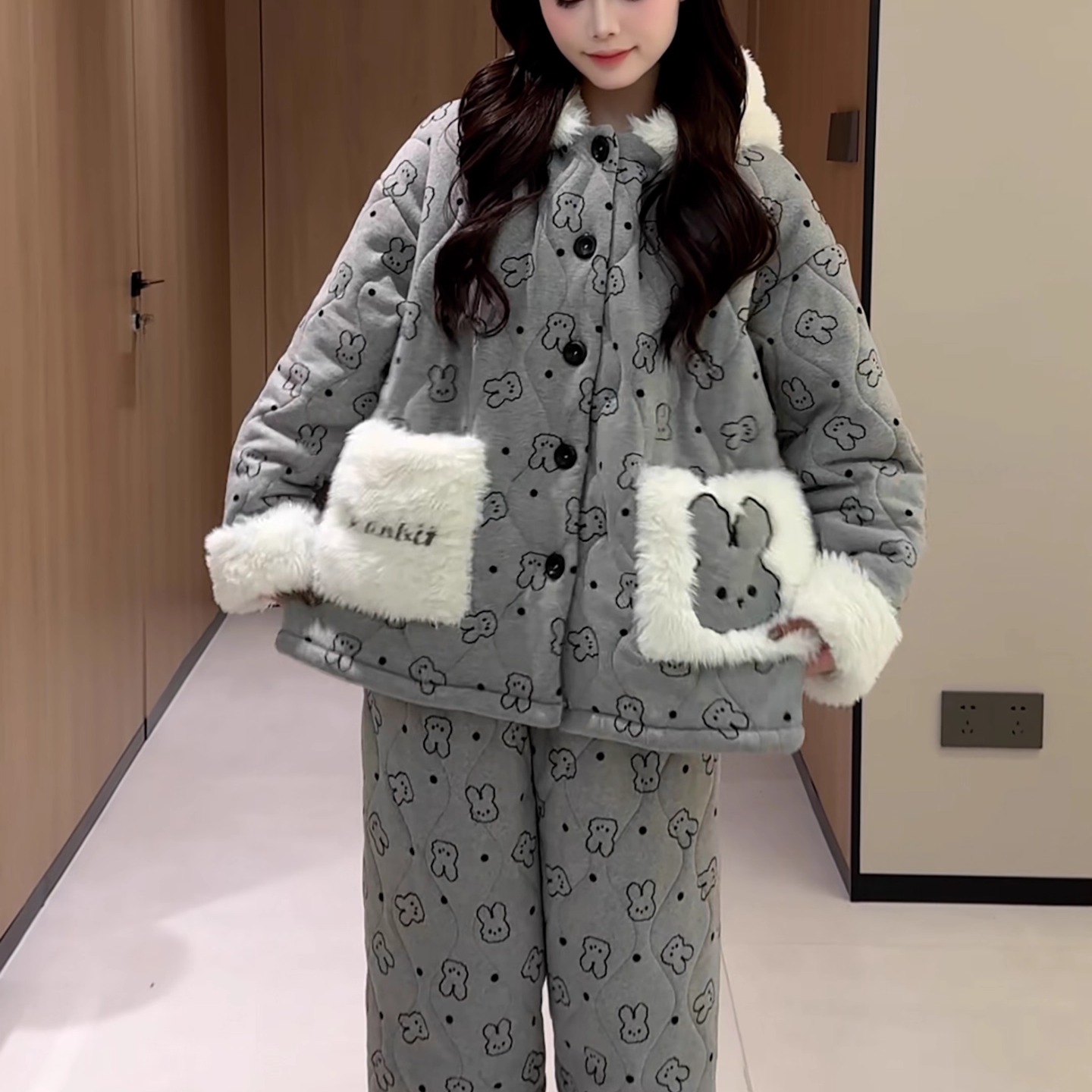 三层夹棉加厚连帽睡衣套装