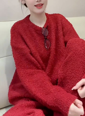 2025秋冬季半边绒红色过年圆领家居服休闲可外穿加绒保暖睡衣套装