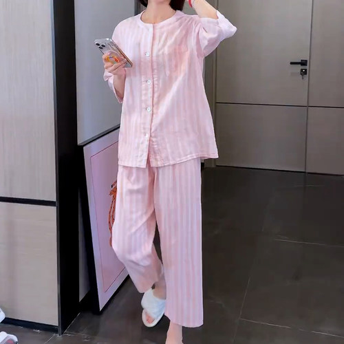 全棉薄款简约七分袖长裤睡衣