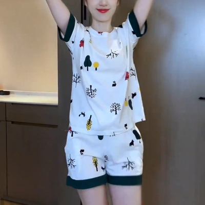 带胸垫舒适简约短袖套头睡衣套装