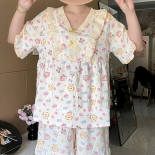 宽松V领加肥加大家居服 大码 可爱减龄蕾丝边睡衣套装 2025新款 夏季
