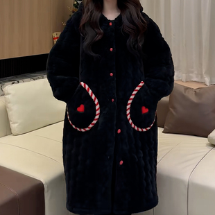 2025年新款睡衣冬天加厚三层夹棉连帽睡袍套装女款保暖长款家居服