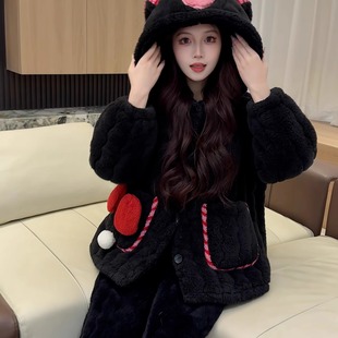 冬季女士三层夹棉加厚连帽家居服2025可外穿保暖舒适加绒睡衣套装