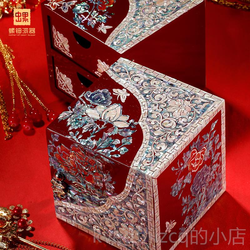 新款锦贝传主说带螺钿漆器首饰收纳饰盒木质欧式公结婚礼物锁品珠