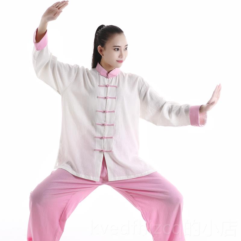 新款宏款极新太极服男女款亚麻棉表麻加厚春秋演出装中老服年练功