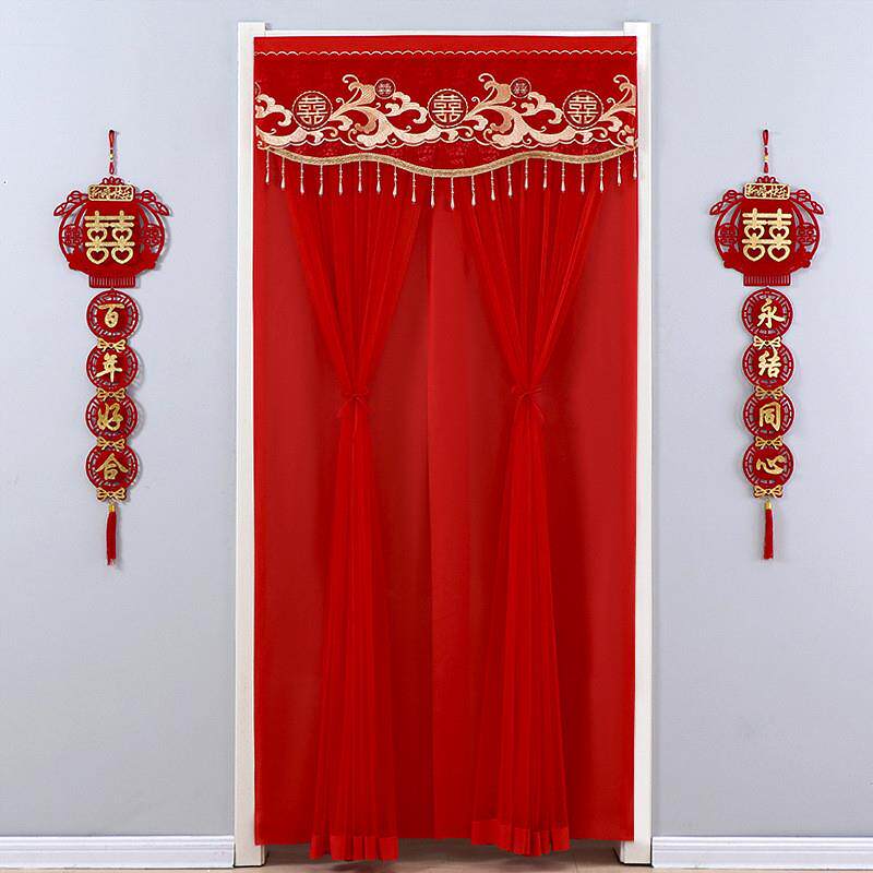 结婚用的红门帘农村婚礼门头装饰喜字帘新款蕾丝双层新房喜庆门帘