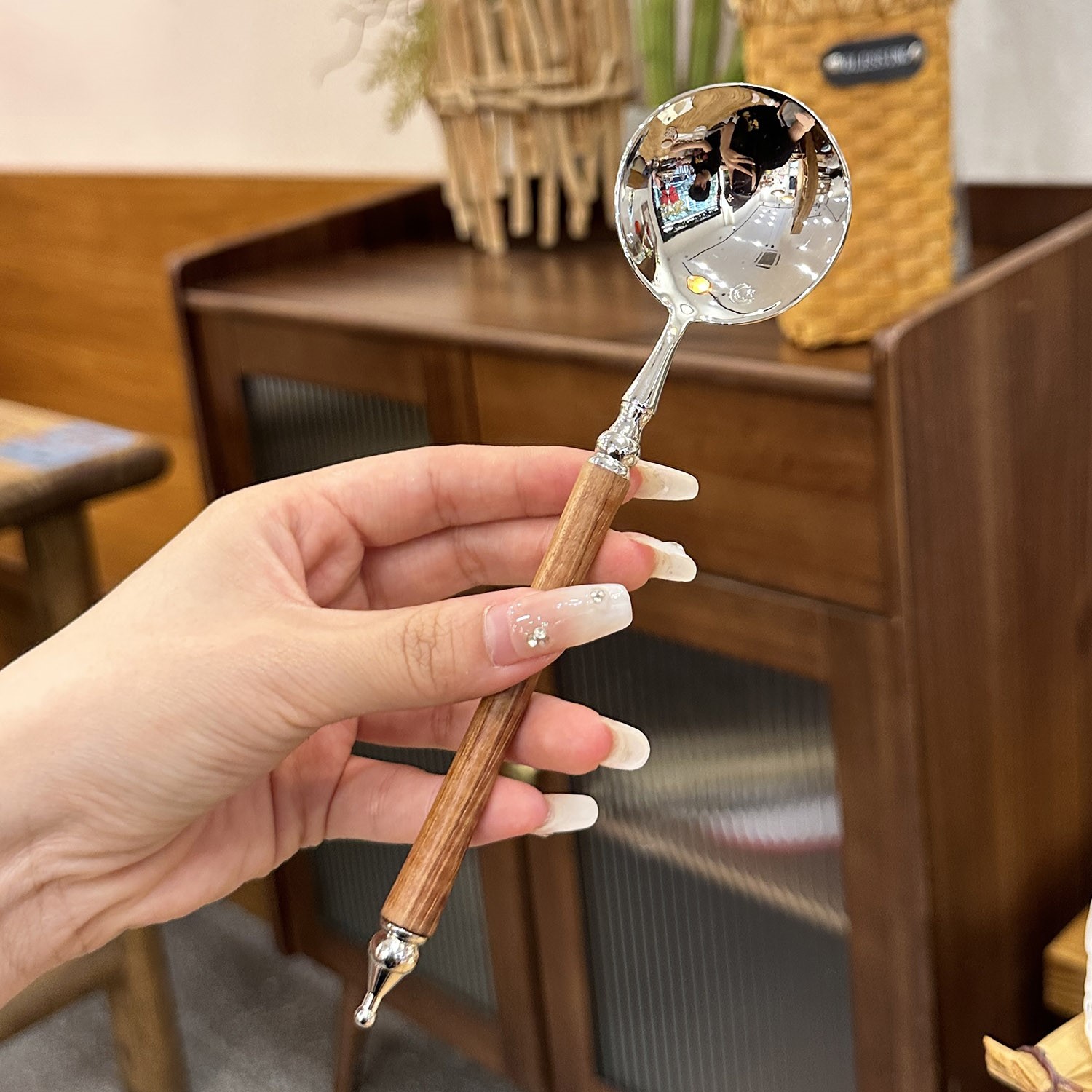 【圆头干饭勺】高档货黄花梨仿木手柄304品级不锈钢喝汤勺子主餐