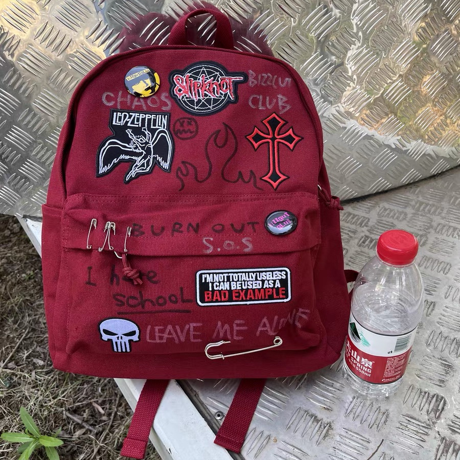 酒红色摇滚朋克书包女双肩包男