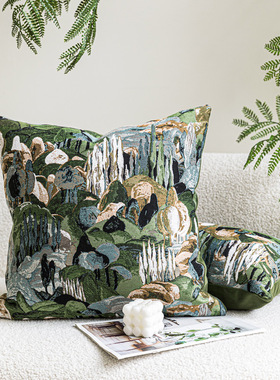 绿色法式抽象山水复古靠垫新中式轻奢客厅沙发靠枕样板间高端抱枕