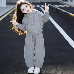 女童运动服新款休闲连帽中大童套装时髦学院风卫衣开衫两件套春装