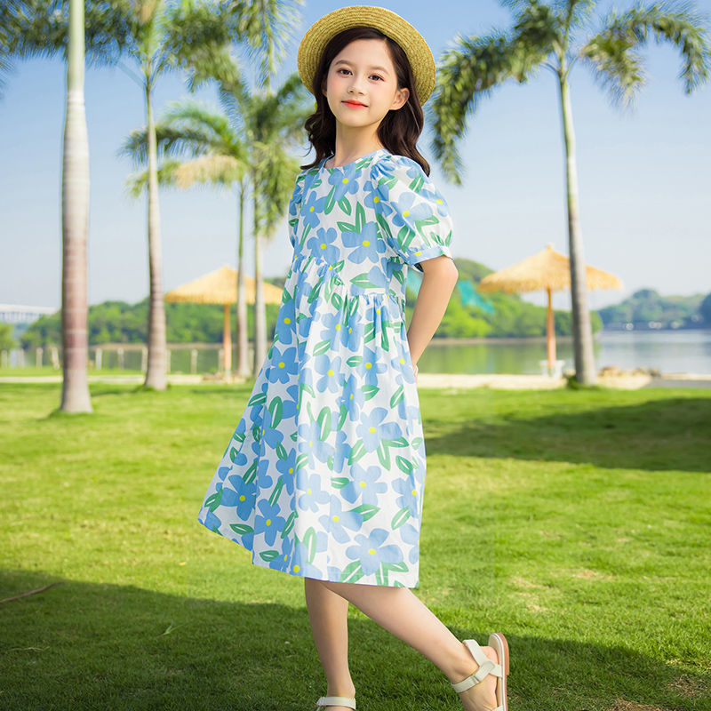 韩版时尚洋气女童休闲碎花公主裙新款简约时髦儿童文艺风短袖裙子