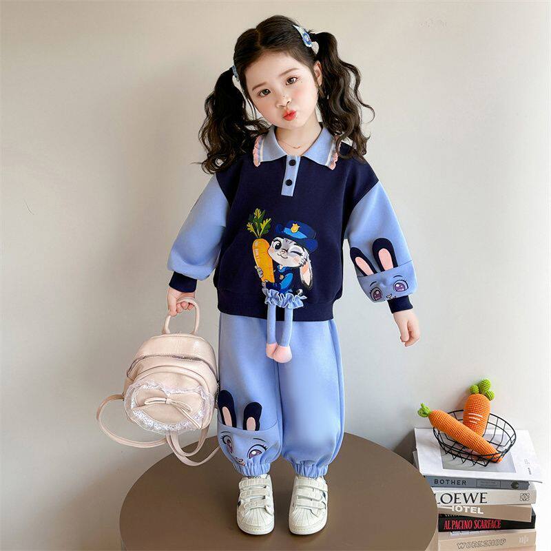 韩版休闲儿童兔子卫衣两件套百搭女童宝宝时髦拼色运动服春装套装