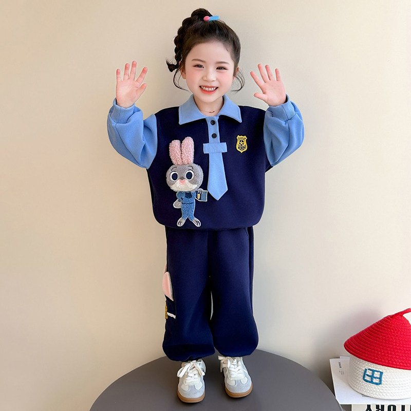 女童兔子警官套装春秋两件套宝宝时髦拼色运动服卡通女孩休闲春装图片