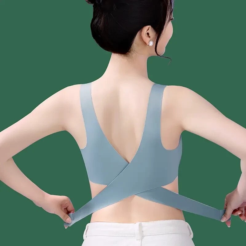 性感交叉侧排扣无痕无钢圈内衣聚拢托胸美背提拉运动文胸加宽肩带