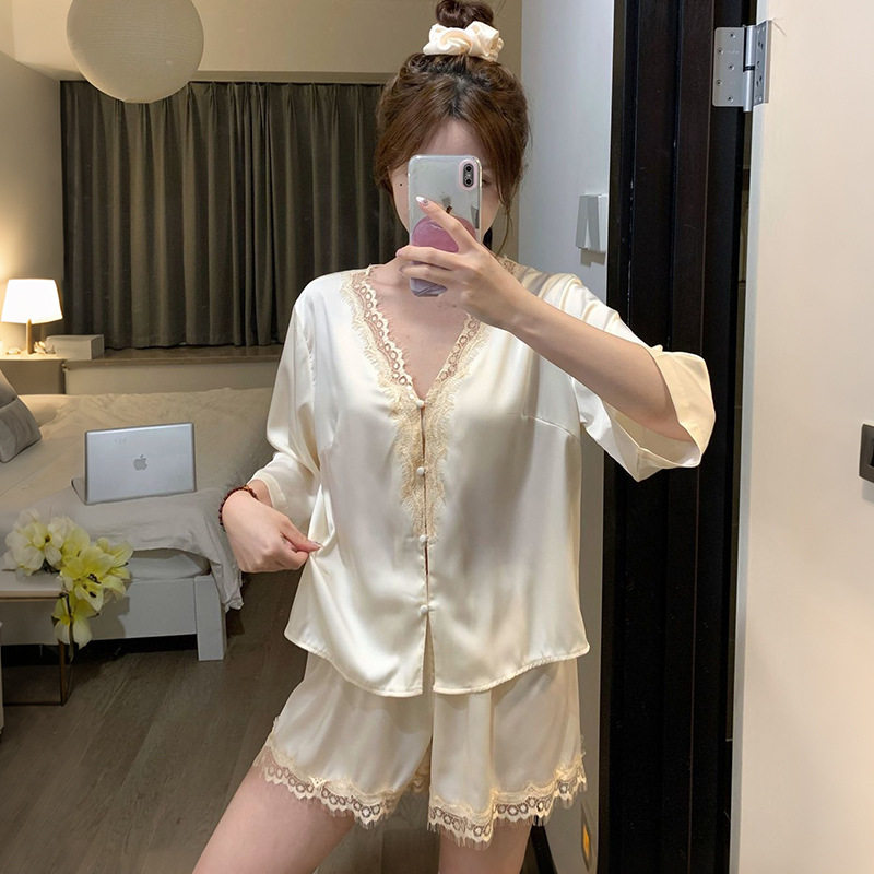 法式轻奢冰丝女睡衣两件套春夏季
