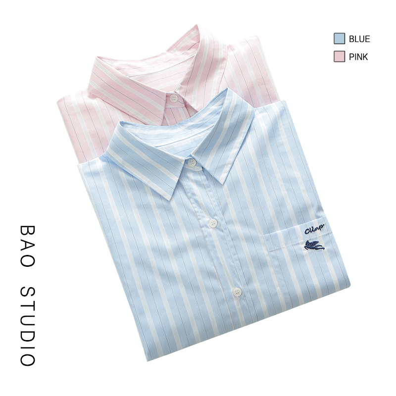 时尚排扣宽松长袖刺绣小天使衬衫