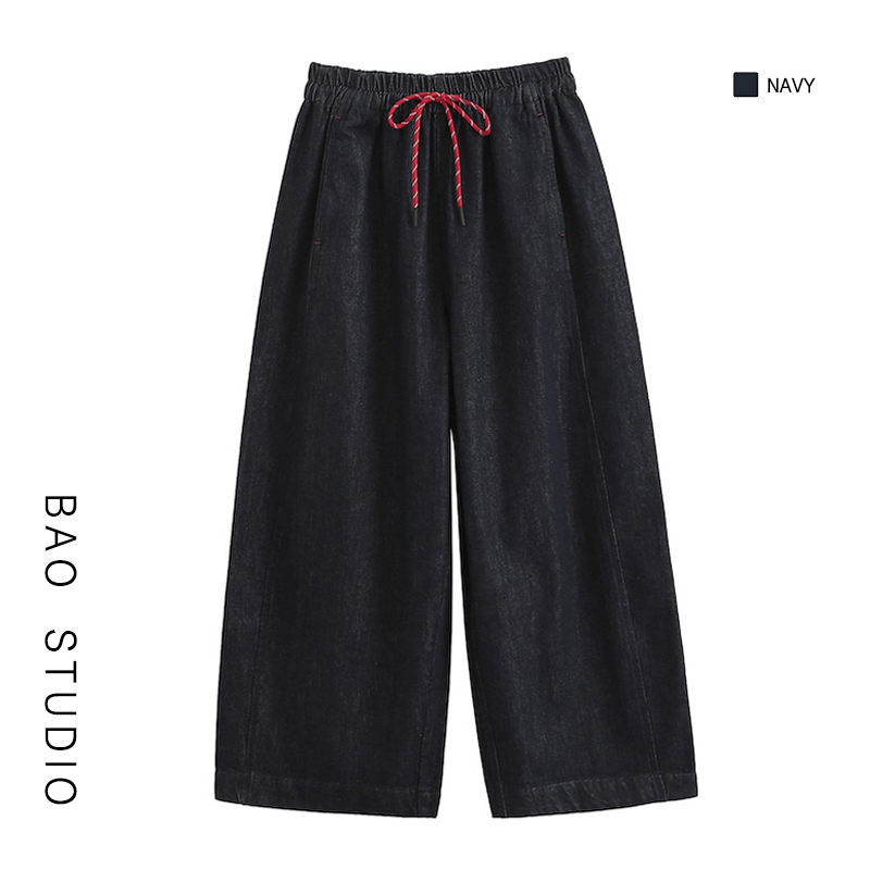 BAO STUDIO韩系极简宽松慵懒显瘦松紧腰牛仔弯刀裤女时尚百搭女裤