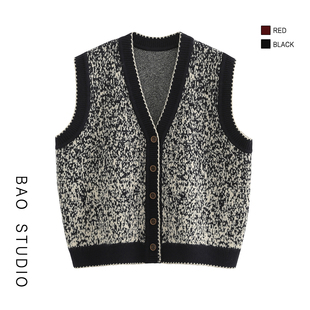 年货狂欢季 韩系显瘦V领扎染提花针织马甲冬季新款宽松无袖背心女