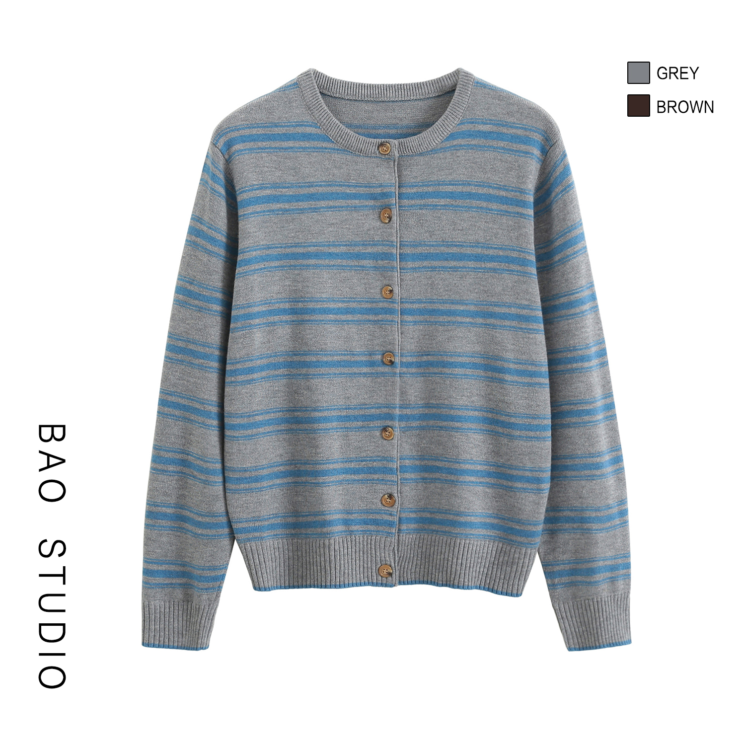 BAO STUDIO韩系极简粗细条纹圆领外搭羊毛针织开衫2025秋季毛衣女