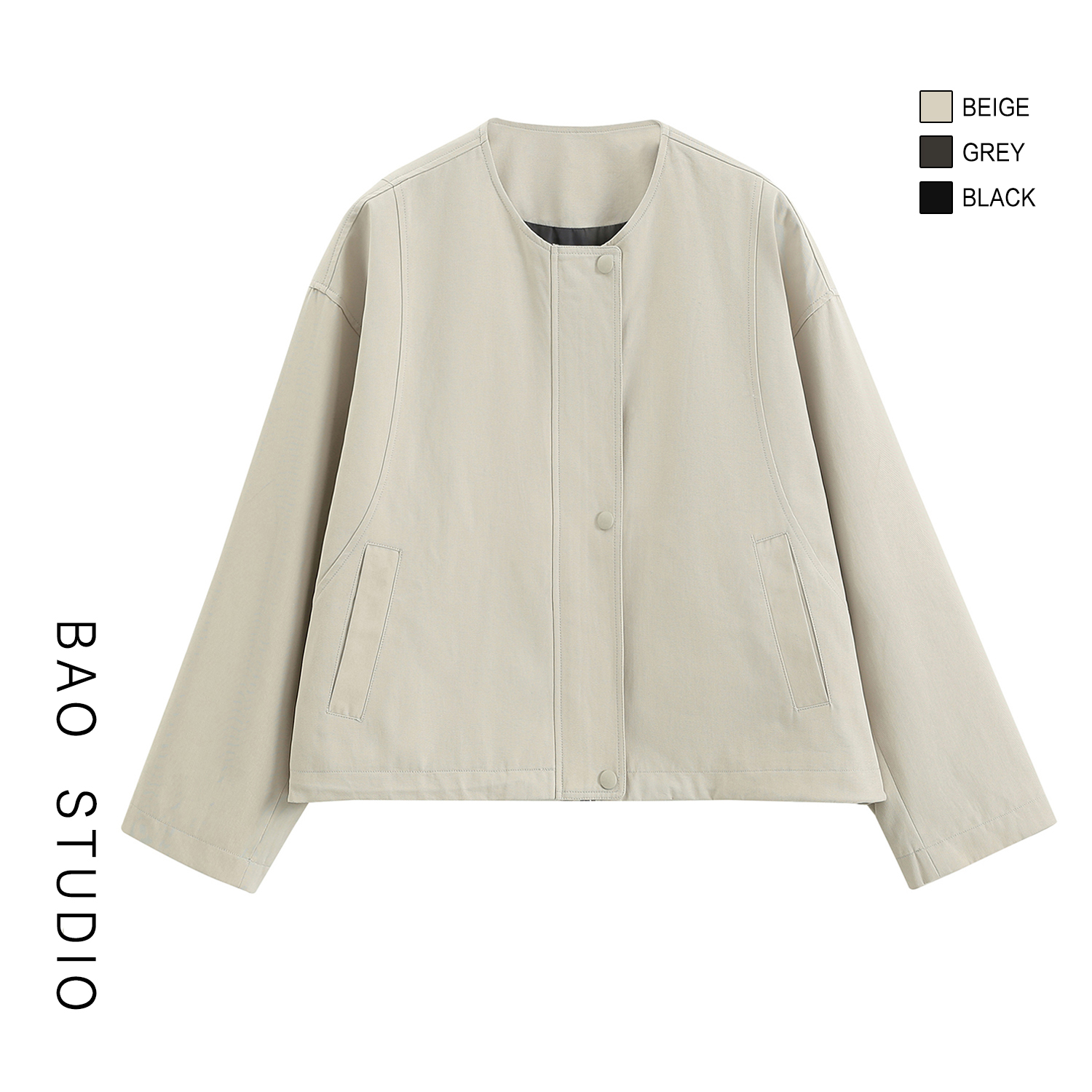 BAO STUDIO韩系极简圆领短款休闲外套秋季新款高品显瘦厚外套上衣