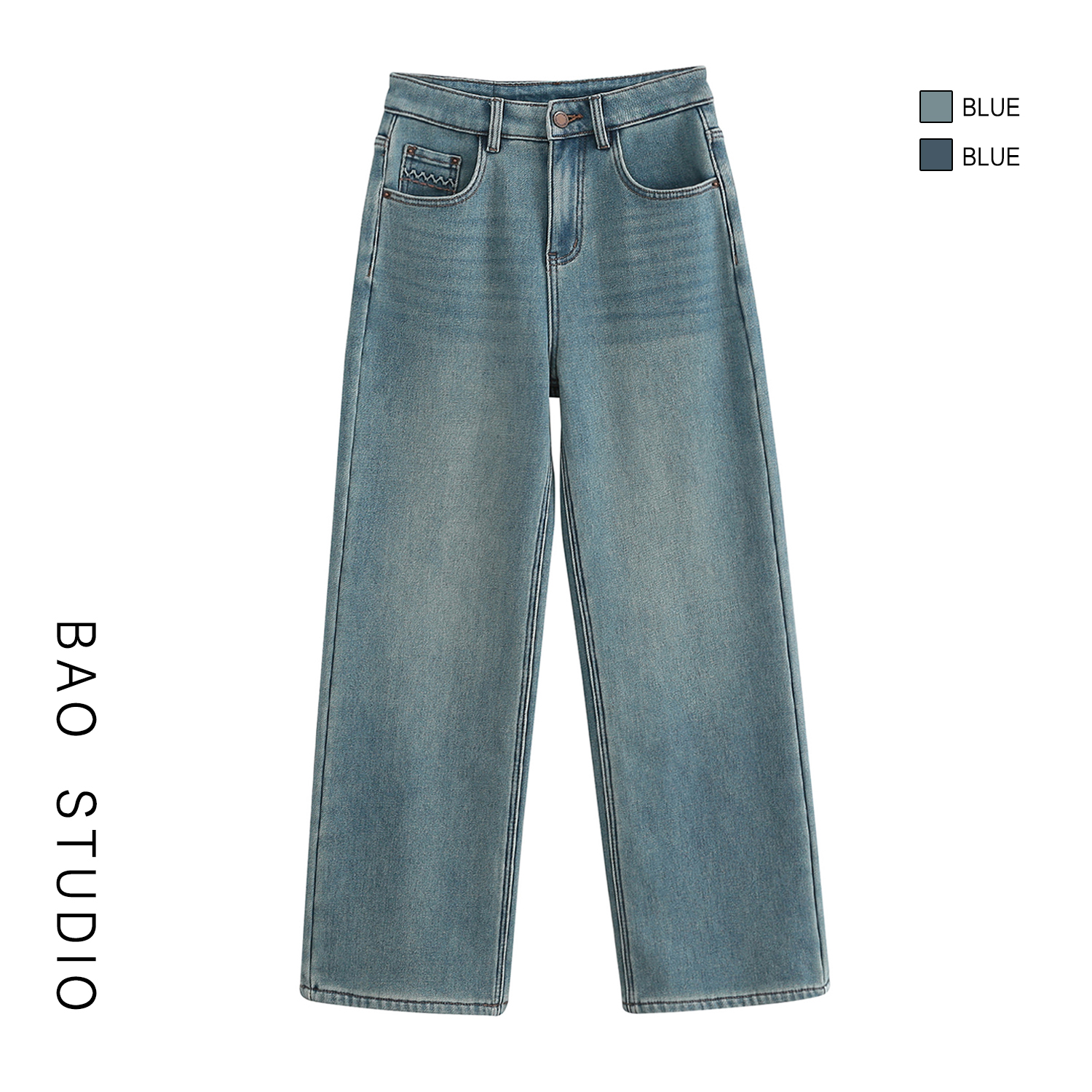 BAO STUDIO一条过冬高腰显瘦牛仔裤女冬季加绒休闲超暖直筒牛仔裤