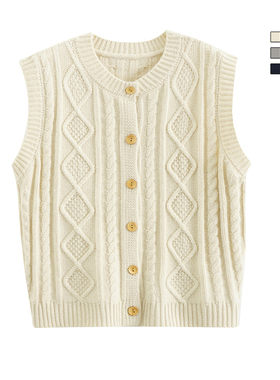 BAO STUDIO韩系复古麻花无袖开衫针织马甲学院风叠穿背心秋冬坎肩