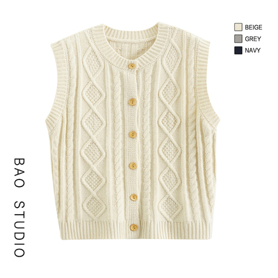 单排扣圆领开衫菱形马甲背心