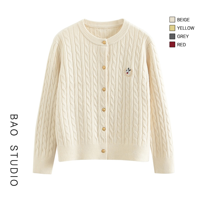 BAO STUDIO韩系温柔麻花刺绣卡通针织开衫春秋季宽松外搭毛衣上衣