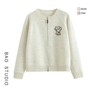 圆领拉链毛衣外套 春季 BAO STUDIO韩系温柔减龄提花花纱针织开衫
