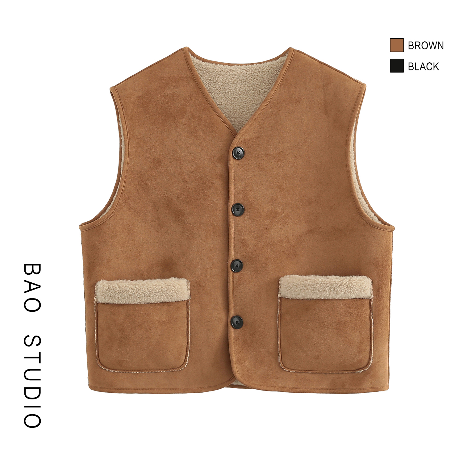 BAO STUDIO韩系氛围感麂皮绒两面穿马夹秋冬季羊羔毛叠穿马甲女