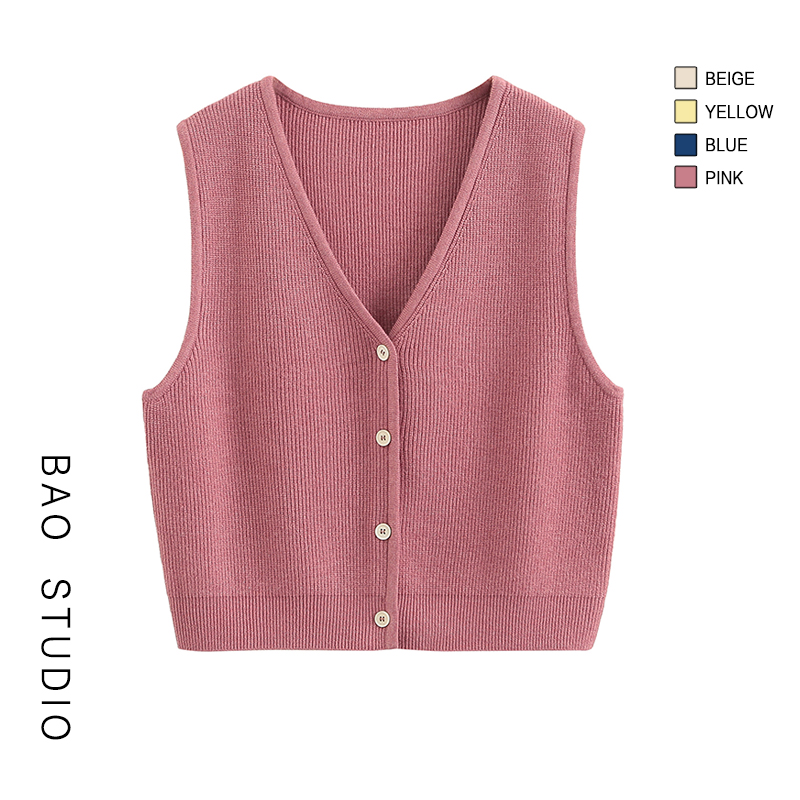 纽扣V领开衫坑条马甲背心