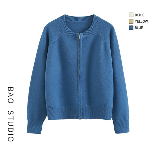 开衫圆领拉链纯色针织衫毛衣