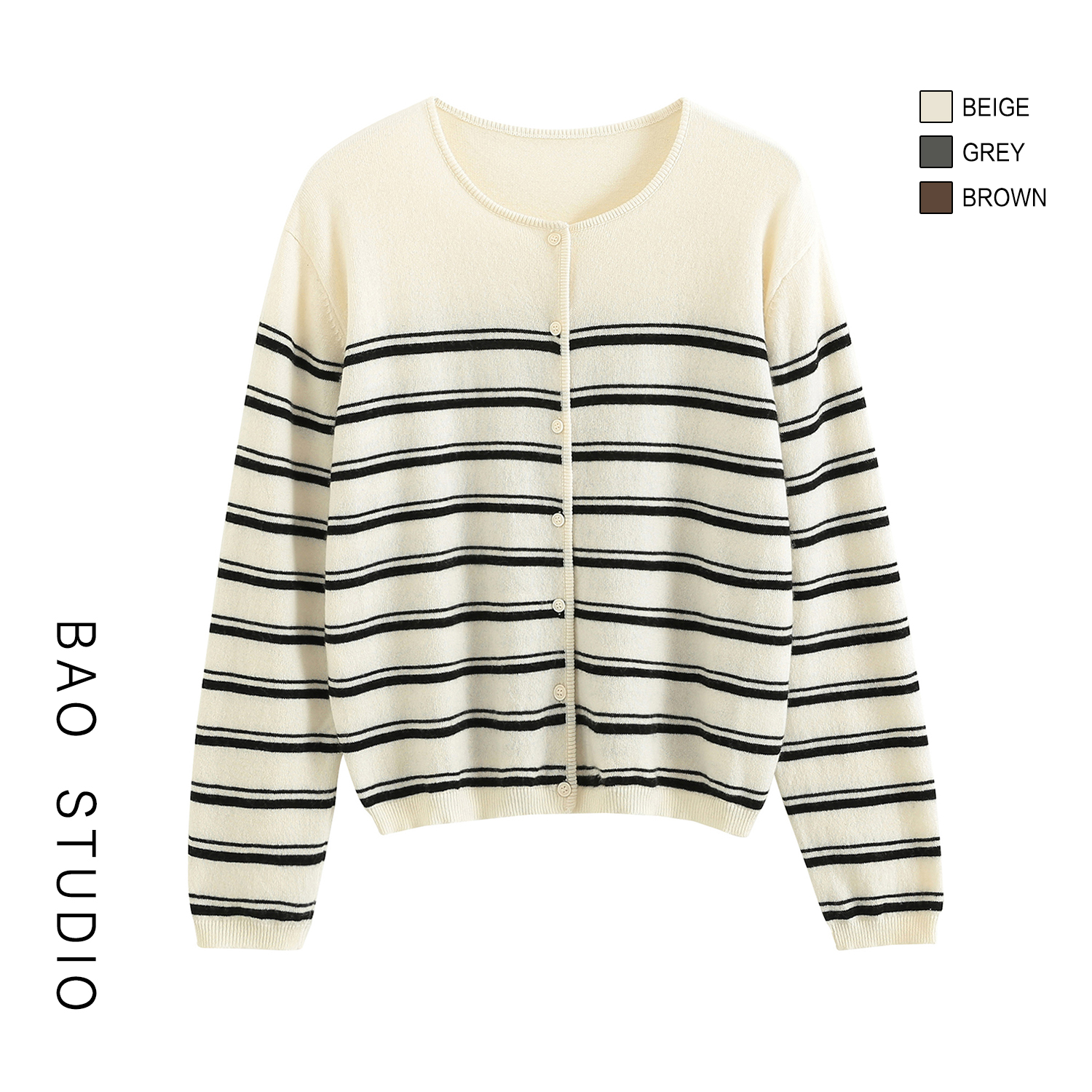 BAO STUDIO韩系博主极简50羊毛条纹针织开衫秋季柔软宽松百搭毛衣