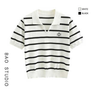 女夏季 BAO 针织衫 STUDIO 字母上衣 韩系简约刺绣Polo翻领条纹短袖
