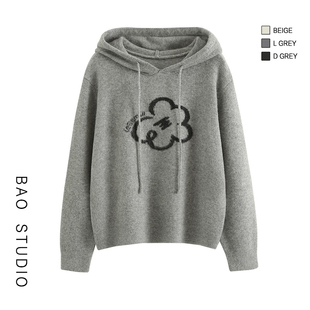 BAO STUDIO韩系简约糯米绒花朵连帽毛衣冬季宽松厚实羊毛针织毛衣