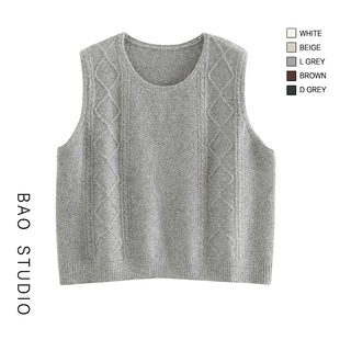 BAO STUDIO圆领菱格麻花针织马甲冬季新款叠搭无袖背心外搭坎肩女