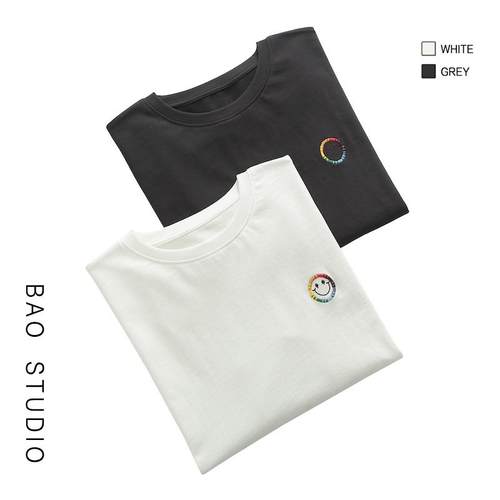 BAO STUDIO时尚彩色笑脸长袖内搭T恤春新款百搭宽松打底衫上衣女