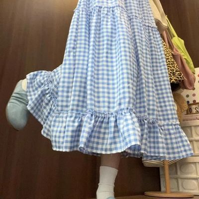 法式格子蛋糕半身裙女高腰中长裙