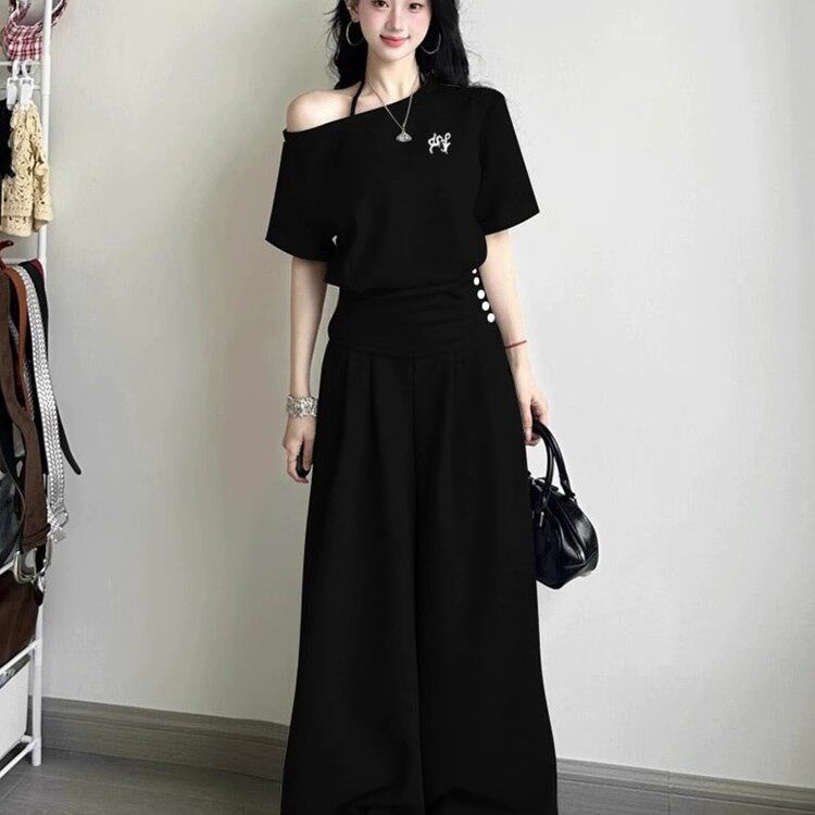 韩系高级感露肩休闲套装女夏季时尚宽松显瘦短袖阔腿裤运动两件套,女装/女士精品,休闲裤,淘宝优惠券,粉丝福利购,淘宝优惠卷