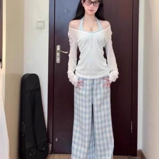 t恤休闲裤 穿搭春夏季 内搭挂脖背心吊带长袖 女2025新款 三件套 套装