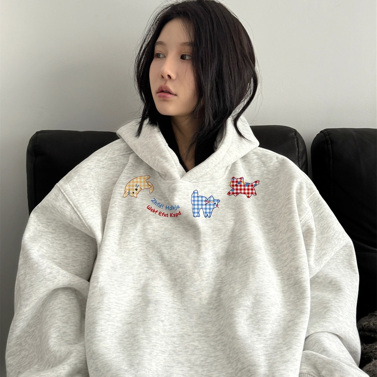 重磅灰色连帽卫衣女oversize外套