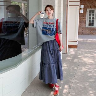 T恤 时尚 复古印花短袖 潮 格子简约半身裙两件套装 新款 2025夏季 韩版